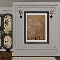 Abstract Painting on Wall with Black Frame Brown Tones Wall Sconces White Background Interior Decor