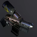 Futuristic Tactical Weapon With Black Canister Yellow Warning Symbol Bat Design And Metallic Grip