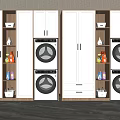 Modern Bathroom Cabinet Rack with Washer Dryer Storage LED Lights and Cleaning Supplies Baskets