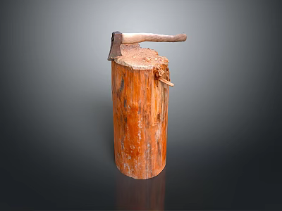 Rustic Wooden Stump with Axe Embedded in Natural Wood Texture 3d model