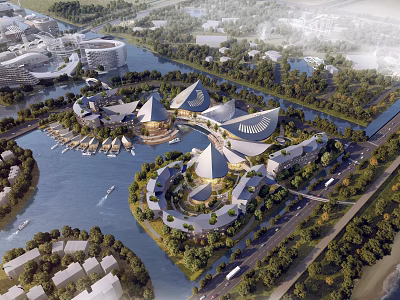 Aerial Master Plan of Modern Waterfront City With Green Spaces Architectural Designs And Road Networks 3d model