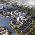 Aerial Master Plan of Modern Waterfront City With Green Spaces Architectural Designs And Road Networks