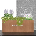 Colorful Flowers with Purple Pink Blooms and Green Foliage in Wooden Planter Box with MANTELLASSIN