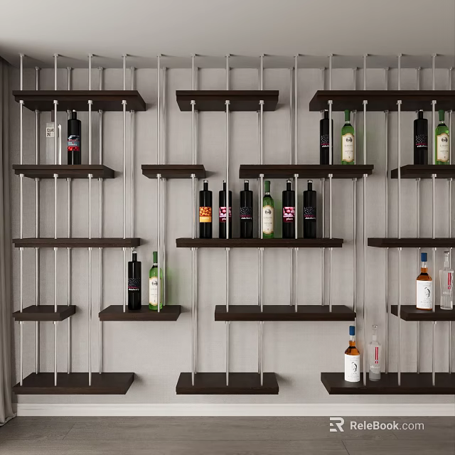 Modern Style Wine Cabinet With Multi Layer Shelves Displaying Various Wine Bottles 3d model 