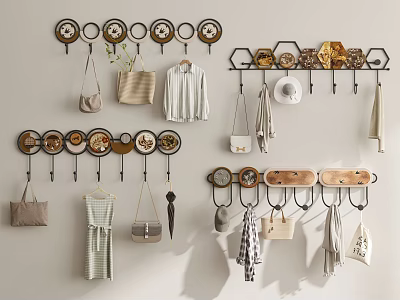 Wall Mounted Coat Racks With Hanging Bags Clothes Hats Scarves 3d model
