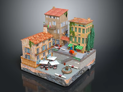Cartoon Scene With Colorful Buildings Red Roofs Square Tables Chairs And Fountain 3d model