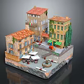 Cartoon Scene With Colorful Buildings Red Roofs Square Tables Chairs And Fountain