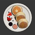 Fluffy Pancakes Topped with Butter Fresh Strawberries Blueberries and Syrup on White Plate