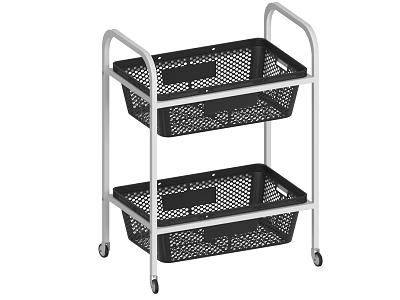 Two Tier Rolling Cart With Metal Frame And Black Mesh Storage Baskets 3d model