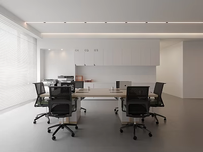 Modern Public Office Space Interior With Wooden Desk Black Chairs And White Storage Cabinets 3d model