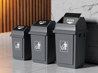 Three Gray Trash Cans With PUSH Sign And Human Figure Icon On Tile Floor 3d model