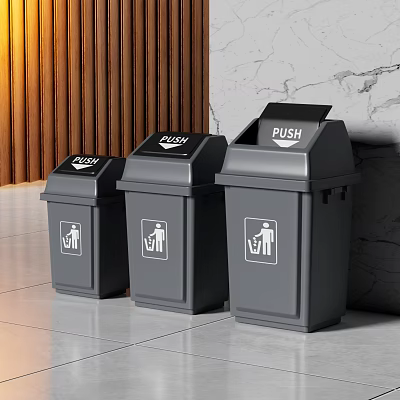Three Gray Trash Cans With PUSH Sign And Human Figure Icon On Tile Floor 3d model