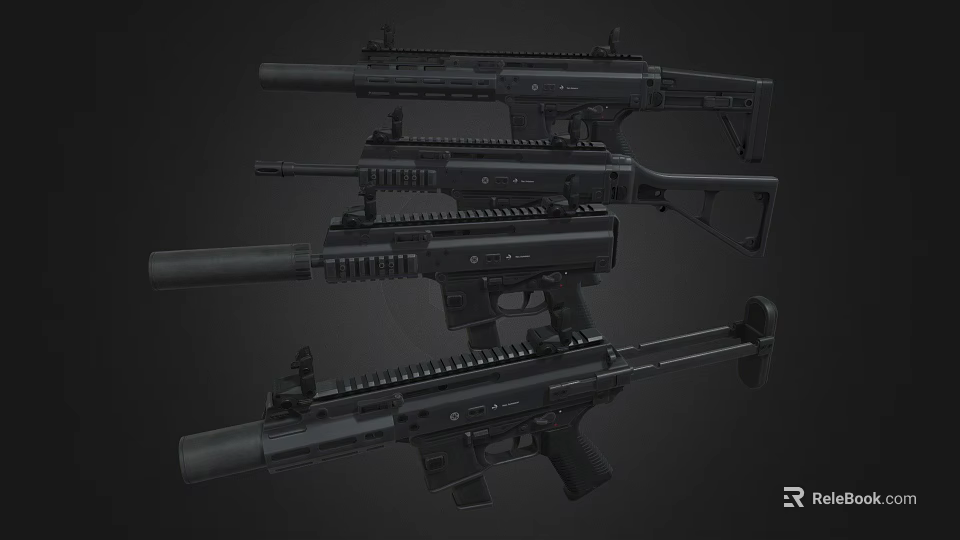Black Tactical Firearms With Different Assault Rifle And Submachine Gun Models On Dark Background 3d model 