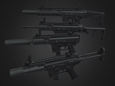 Black Tactical Firearms With Different Assault Rifle And Submachine Gun Models On Dark Background 3d model