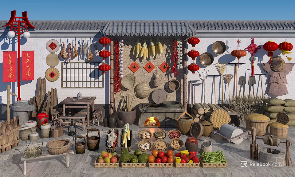 Traditional Garden Ornaments Display with Hanging Corn Chilies Red Lanterns Farm Tools and Fresh Produce 3d model 