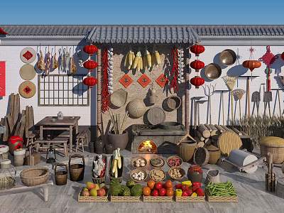 Traditional Garden Ornaments Display with Hanging Corn Chilies Red Lanterns Farm Tools and Fresh Produce 3d model