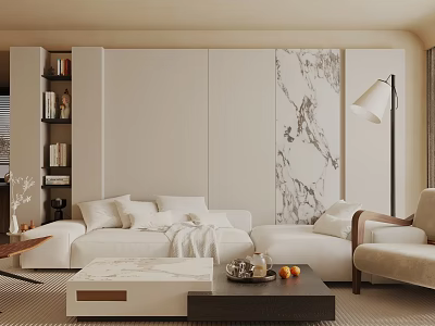 Modern Living Room Interior Featuring Marble Wall White Sofa Armchair Coffee Tables And Floor Lamp 3d model