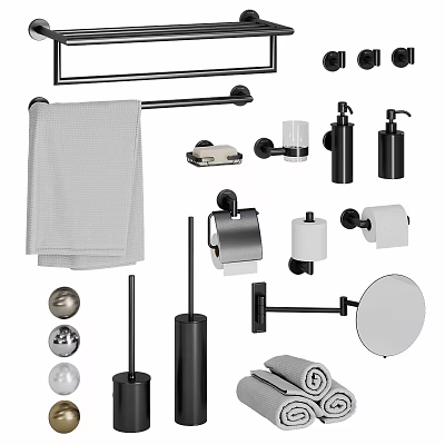 Bathroom Washing Essentials Including Towel Towel Bar Soap Dispenser Toilet Paper Holder And Brush 3d model