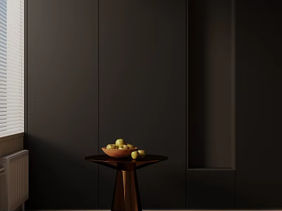 Wooden Side Table With Fruit Bowl Near Window On Dark Wall Background 3d model