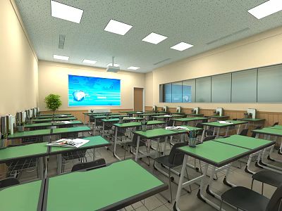 School Classroom Interior Featuring Green Tables Chairs Projector Screen Windows Green Plant And Ceiling Lights 3d model