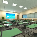 School Classroom Interior Featuring Green Tables Chairs Projector Screen Windows Green Plant And Ceiling Lights