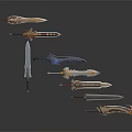 Various Decorative Swords With Intricate Designs And Colorful Handles On