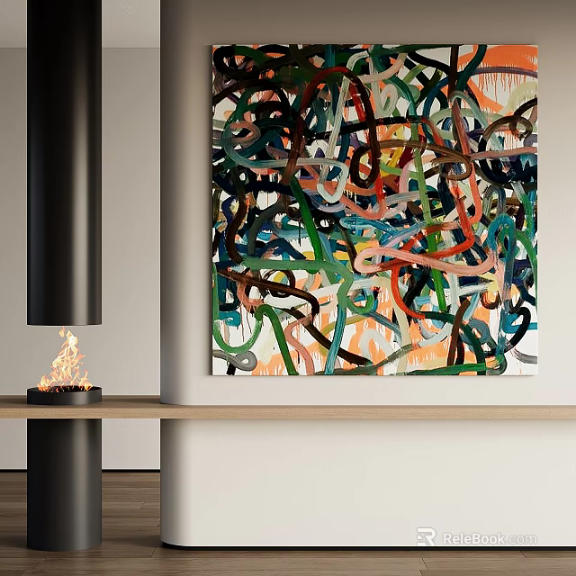 Vibrant Abstract Painting With Intertwined Multicolored Lines In Contemporary Interior Setting 3d model