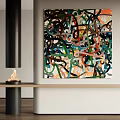 Vibrant Abstract Painting With Intertwined Multicolored Lines In Contemporary Interior Setting 3d model