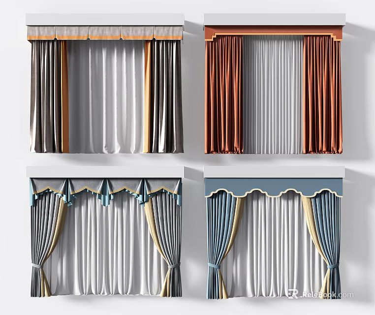 Various Colors Curtains With Elegant Designs Decorative Valances And Pleated Panels 3d model 