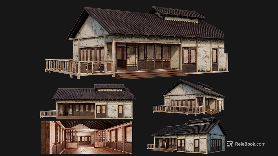 Traditional Ancient Building With Wooden Structure Tile Roof Lattice Windows And Interior Design 3d model 