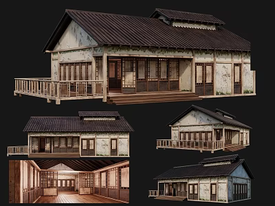 Traditional Ancient Building With Wooden Structure Tile Roof Lattice Windows And Interior Design 3d model