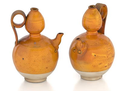 Two Gourd Shaped Ceramic Vessels with Amber Colored Bodies White Base and Handles 3d model