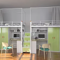 Modern Bunk Bed Interior With Green Cabinets White Desks Computers And Chairs 3d model