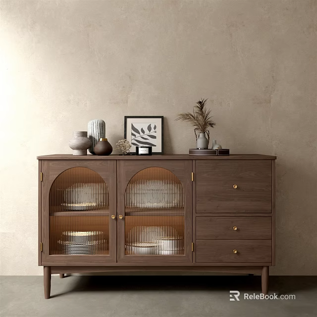 Modern Wooden Sideboard With Glass Doors Plates Inside Drawers And Decorative Items On Top 3d model 