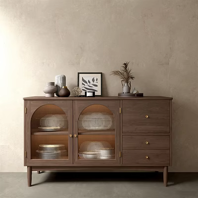 Modern Wooden Sideboard With Glass Doors Plates Inside Drawers And Decorative Items On Top 3d model