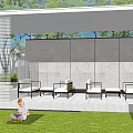 Modern Landscape Pavilion With White Grid Structure Gray Walls Outdoor White Chairs Green Lawn