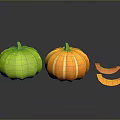 Fresh Green And Orange Pumpkins With Slices On Gray Background Reflection