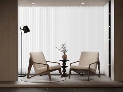 Leisure Chairs with Beige Upholstery Wooden Frames Round Side Table Vase Dried Flowers White Blinds 3d model