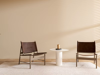 Minimalist Living Area With Two Brown Leather Chairs White Round Table Beige Wall And Sunlight 3d model