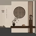 Traditional Chinese Zen Interior With Circular Lattice Window Bamboo Vase And Wooden Table