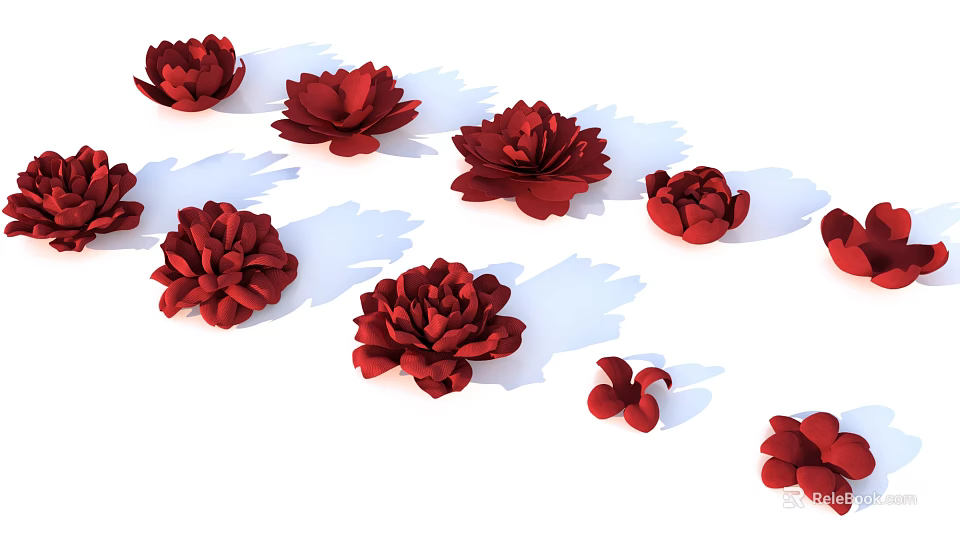 Red Flower Decorative Hanging Ornaments 3D Paper Craft with Multiple Sizes and White Background Shadows 3d model 