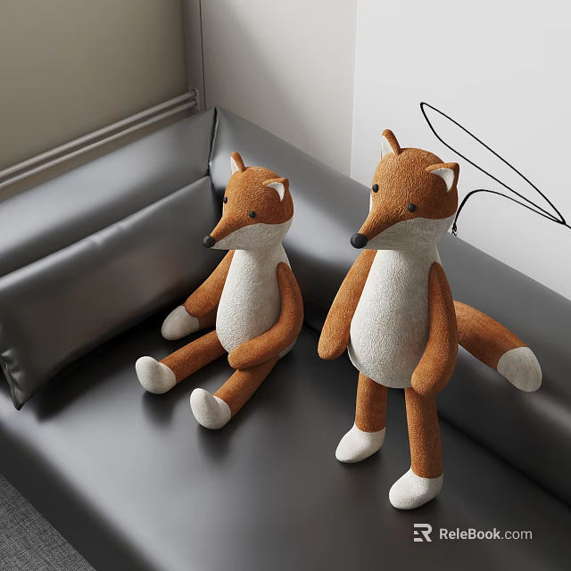 Cute Fox Shaped Plush Pillows in Brown and White on Gray Sofa 3d model