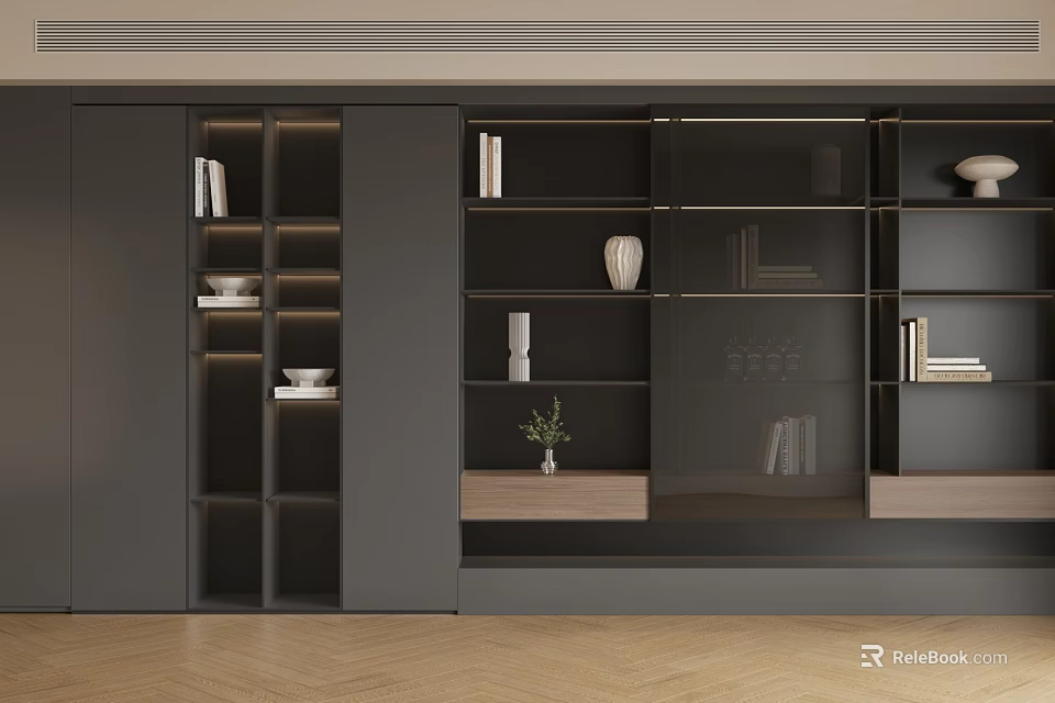 Modern Black Bookcase With Glass Doors Storage Compartments Books And Decorative Vases 3d model 