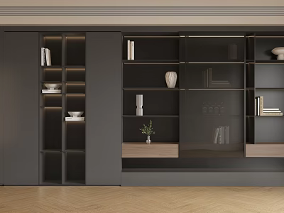 Modern Black Bookcase With Glass Doors Storage Compartments Books And Decorative Vases 3d model