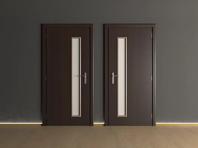 Dark Brown Hinged Doors With Glass Panels Against Grey Wall And Wooden Floor 3d model