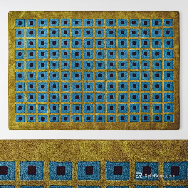 Modern Blue and Gold Square Rug with Intricate Geometric Square Patterns 3d model 