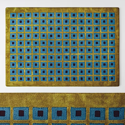 Modern Blue and Gold Square Rug with Intricate Geometric Square Patterns 3d model