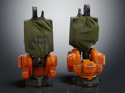 Two Orange Robots Covered With Green Cloth Featuring ACB ROBOT Text 3d model