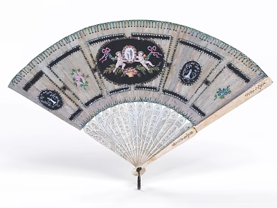 Decorative Ornament Set Vintage Hand Fan With Intricate Floral Patterns And Wooden Frame 3d model