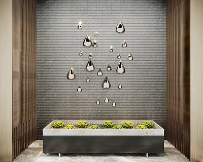 Water Drop Shaped Pendants On Gray Brick Wall With Green Plant Planter And Wooden Panels 3d model